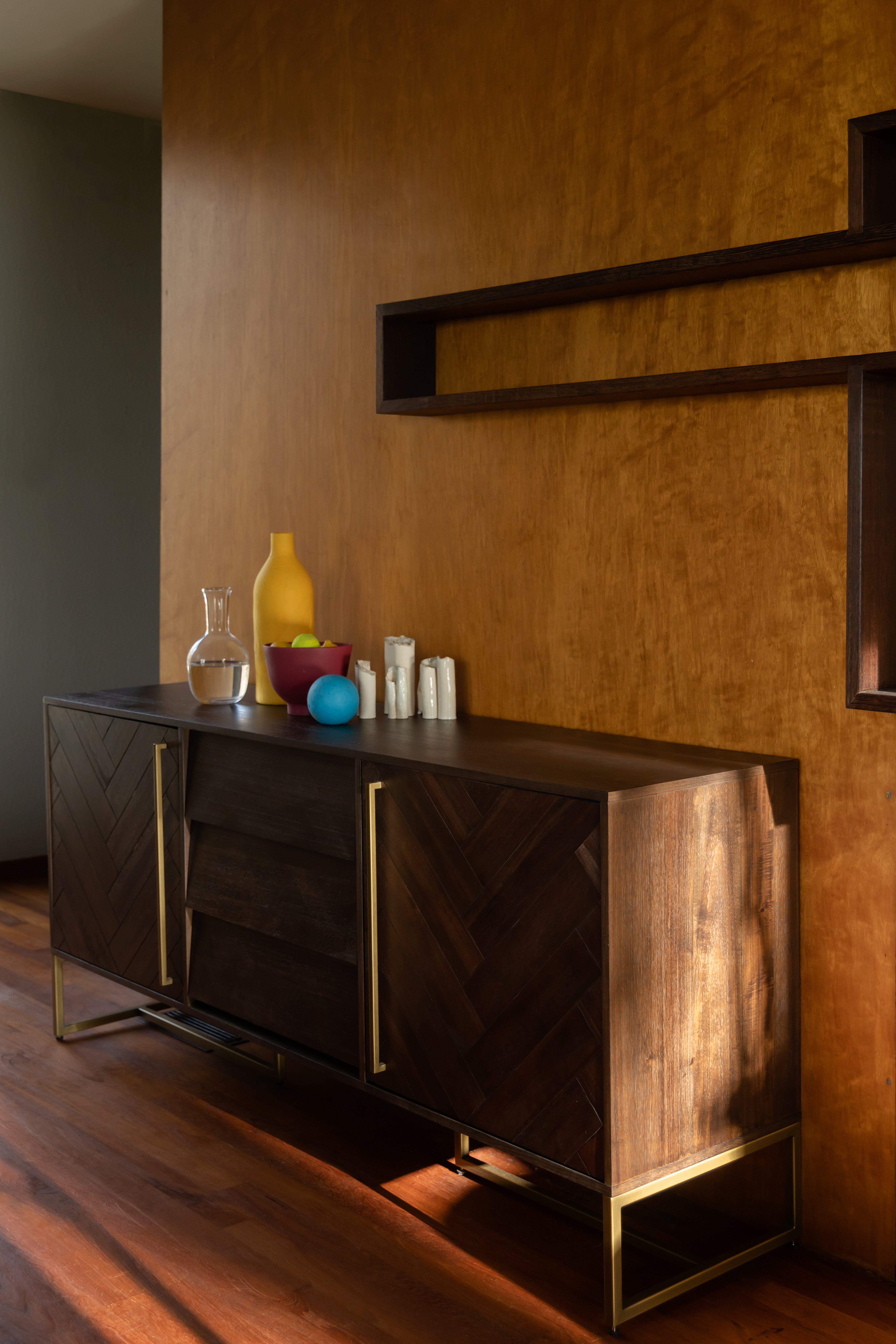 Dutchbone Class Herringbone Brown Oak Wood High Sideboard